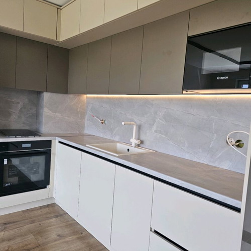 L-shaped kitchen new MDF and chipboard cabinets with Latte color