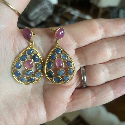 925 Silver Gold-Plated Earrings with Labradorite and Tourmaline New