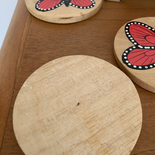 Wooden coasters with holder, handmade, like new, butterfly design, set of six