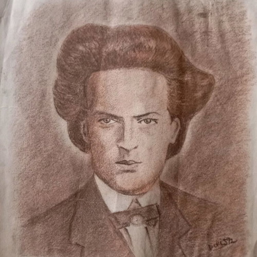 Portrait of A. Sikelianos used, artwork with crayon