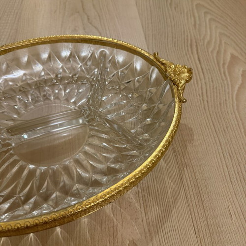 Vintage oval crystal serving platter with bronze handles