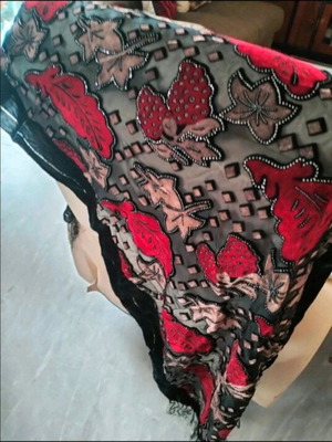 Silk pashmina new with velvet, strass and silk fringes