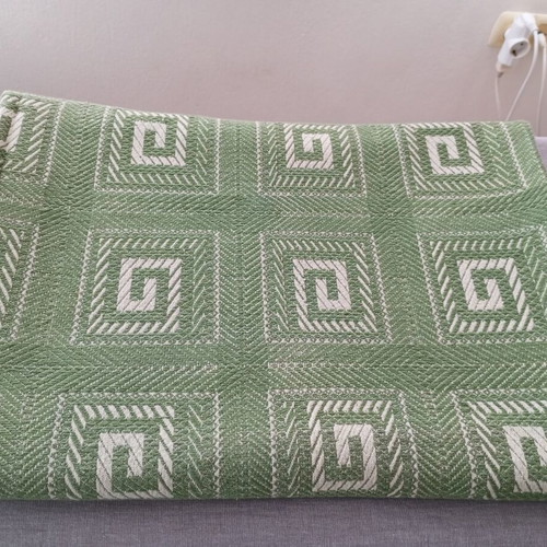 Set of 2 vintage woven blankets with meander pattern, sage green and beige