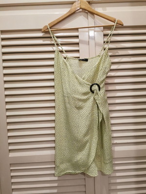 Bershka mini dress used, pastel green polka dot, size M