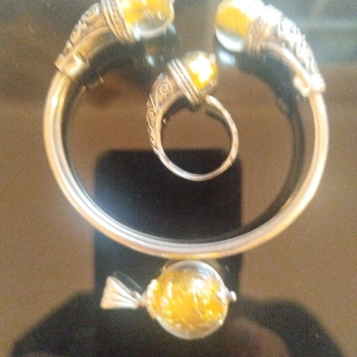 925 Silver Jewelry Set like new with glass beads and gold leaf accents