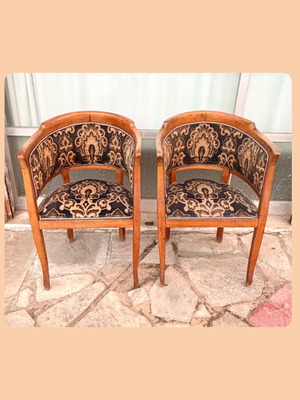 Classic dining armchairs used, set of 2, wood and fabric upholstery