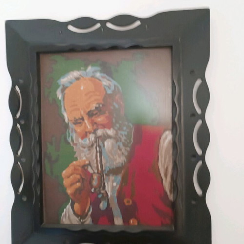Vintage Handmade Gobelin Embroidery "Grandpa with Pipe" used