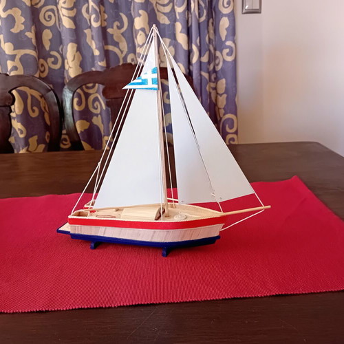 Wooden handmade boat new with Greek flag and miniature details