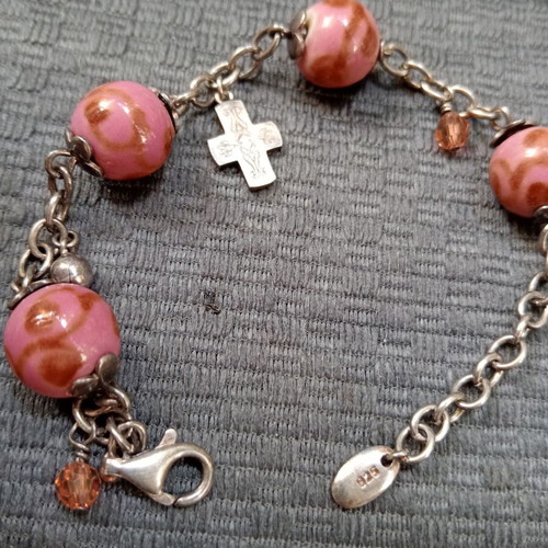 Esprit vintage 925 silver bracelet with glass beads and cross charm