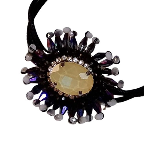 Bracelet with ecru stone, rhinestones and crystals in black, iridescent purple and white, new