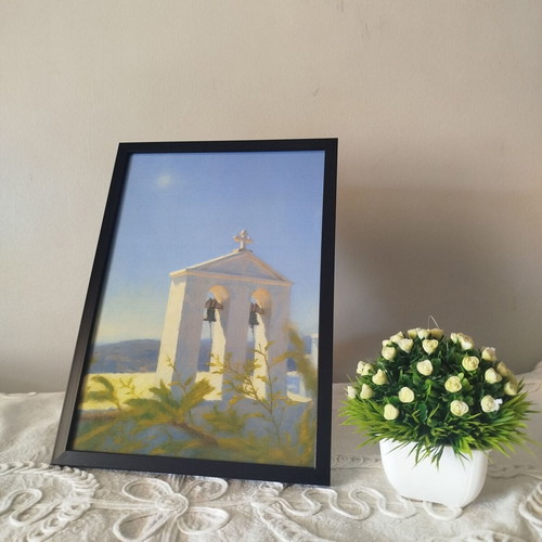 White Cycladic Church Wall Painting 21x30 cm New Greek Summer Decor