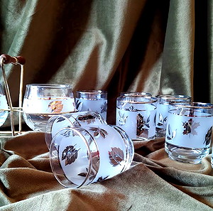 Vintage Libbey, Starlite Old-Fashioned : Σετ από οκτώ ποτήρια, ζαχαριέρα και γαλατιέρα σε βάση με χερούλι