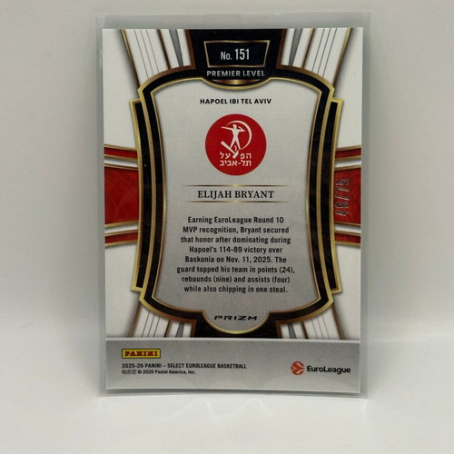 2025-26 Panini Select Euroleague Elijah Bryant Neon Green Hapoel #151 card new