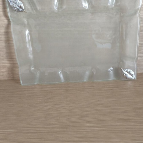 Glass Serving Tray like new, 35x25 cm, wavy design with silver leaves