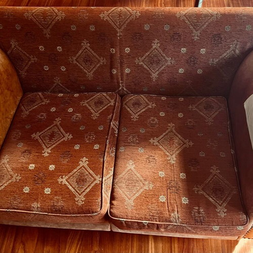 Classic two-seater sofa with fabric and leather upholstery
