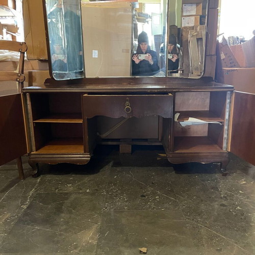 Vintage dressing table with triple mirror used, solid wood