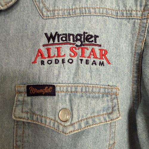 Wrangler denim shirt used with patches, blue and pink