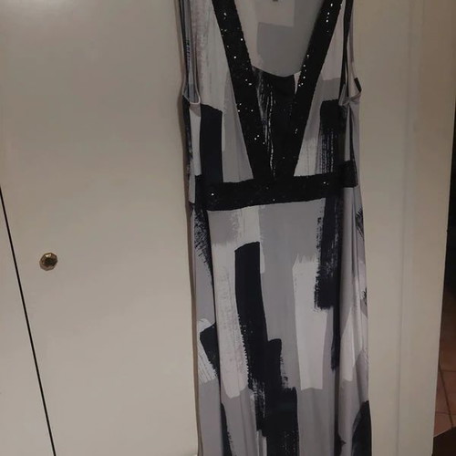 Long dress with sequins used, black and grey abstract pattern