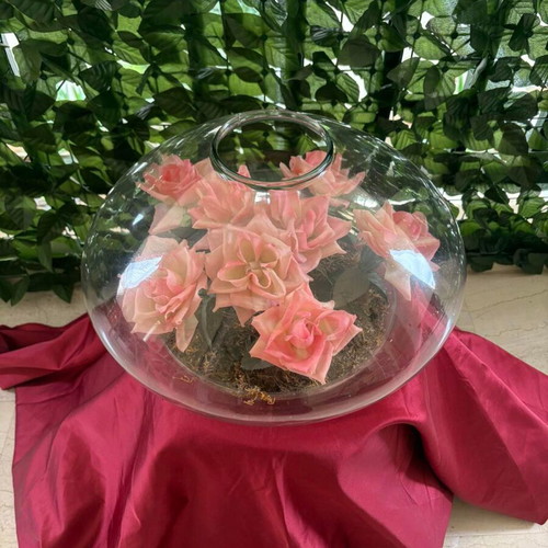 Decorative glass vase terrarium with pink flowers like new