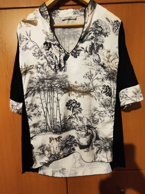 Blouse with Asian designs like new, black and white, size S