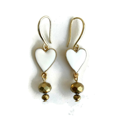 Earrings with white metal hearts and gold crystals, new