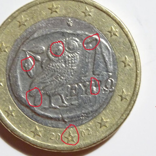 1 euro 2002 Greece used with rare minting errors and S on star