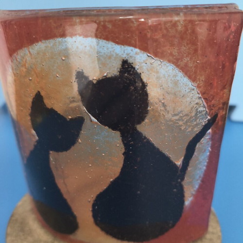 Decorative candle holder with cat design, glass and wood