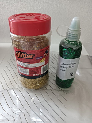 Glitter set like new, gold and green glue for crafts