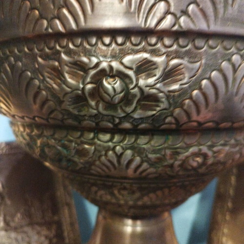 Carved ornate magkali lamp used, folk art