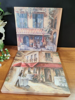 Vinyl canvas paintings on wood set of 2 new with vintage look