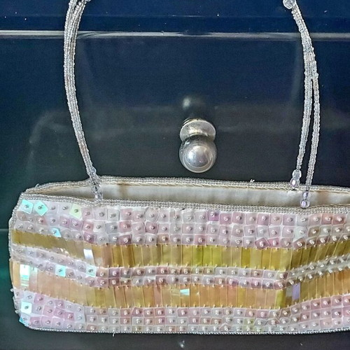 Evening bag used, shoulder type with beaded embroidery in white and gold
