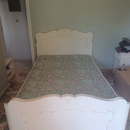Semi-double bed with mattress used, solid wood chalk white