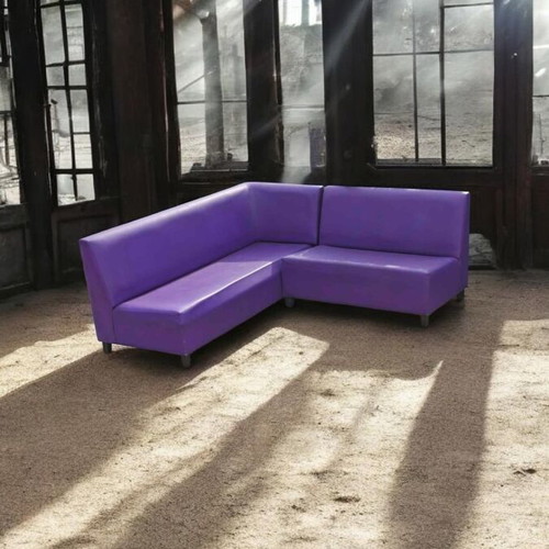Handmade corner sofa used, leather and wood, professional