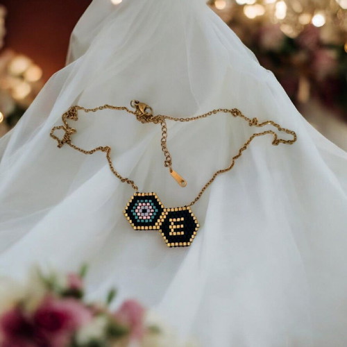 Steel monogram necklace with miyuki eye pendant made to order, black and gold