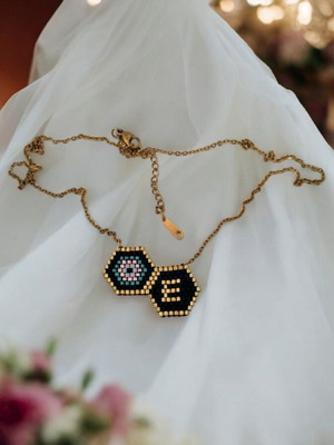 Steel monogram necklace with miyuki eye pendant made to order, black and gold
