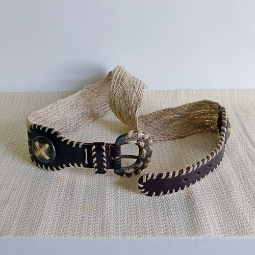 Vintage Dirndl Belt like new, woven jute and dark leather with decorative buckle