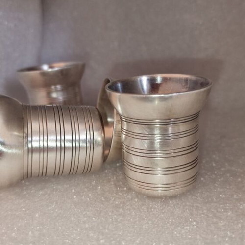 Old collectible shot glasses used, copper with silver enamel