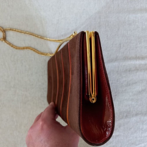 Women's evening shoulder bag used brown suede with stripes