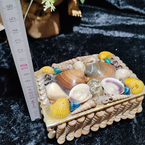 Vintage jewelry box with natural sea shells and royal velvet
