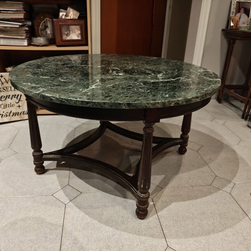 Coffee table like new with green marble top and dark wood legs