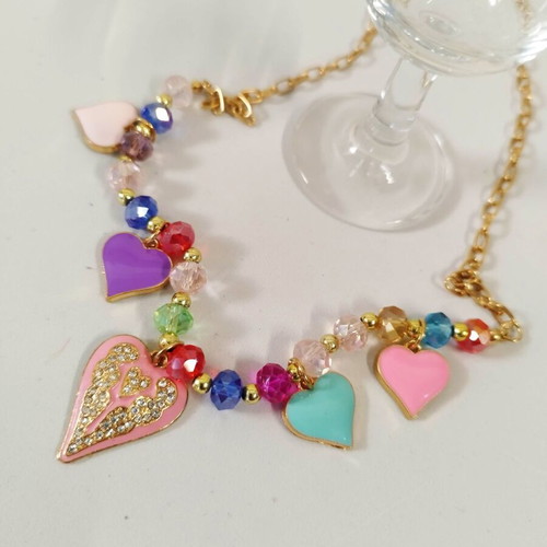 Girly cute necklace with pink enamel hearts and crystals new