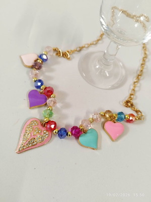 Girly cute necklace with pink enamel hearts and crystals new