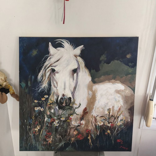 Oil Painting White Horse in Meadow new, handmade on canvas