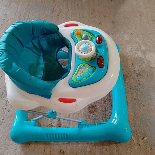 Premaman walker used, blue with adjustable seat height and toys