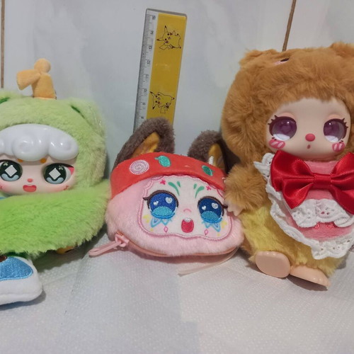 Set of three small plush baby animal toys keychains, bear, fox, lucky cat