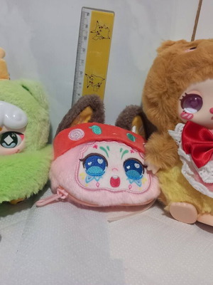 Set of three small plush baby animal toys keychains, bear, fox, lucky cat