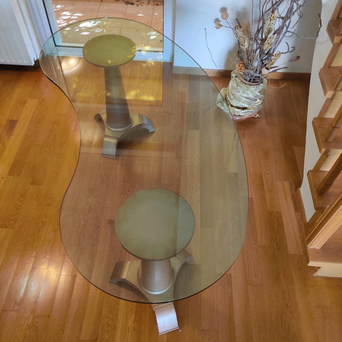 Oval table used, handmade construction, solid wood base