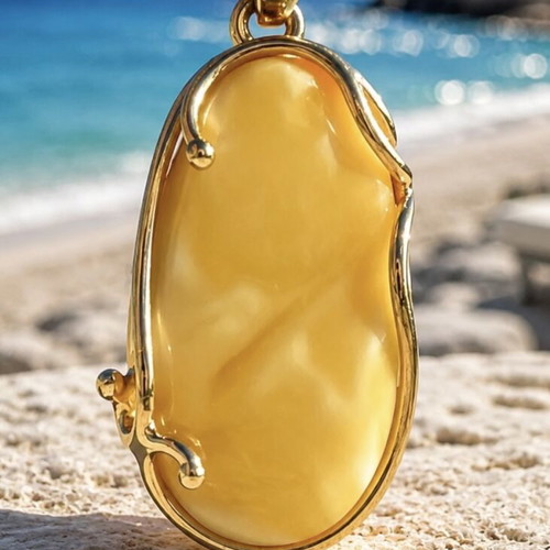 Natural white amber pendant, 24k gold plated silver 926, handmade