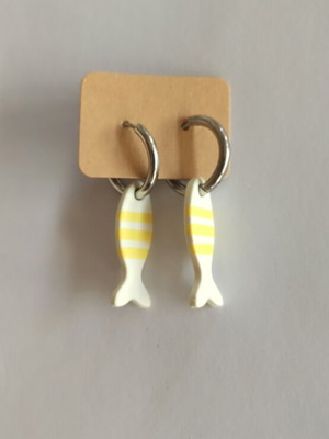 Handmade earrings from polymer clay with steel hoop, new, white and yellow