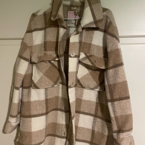 Women's checked coat used, beige brown, size Small